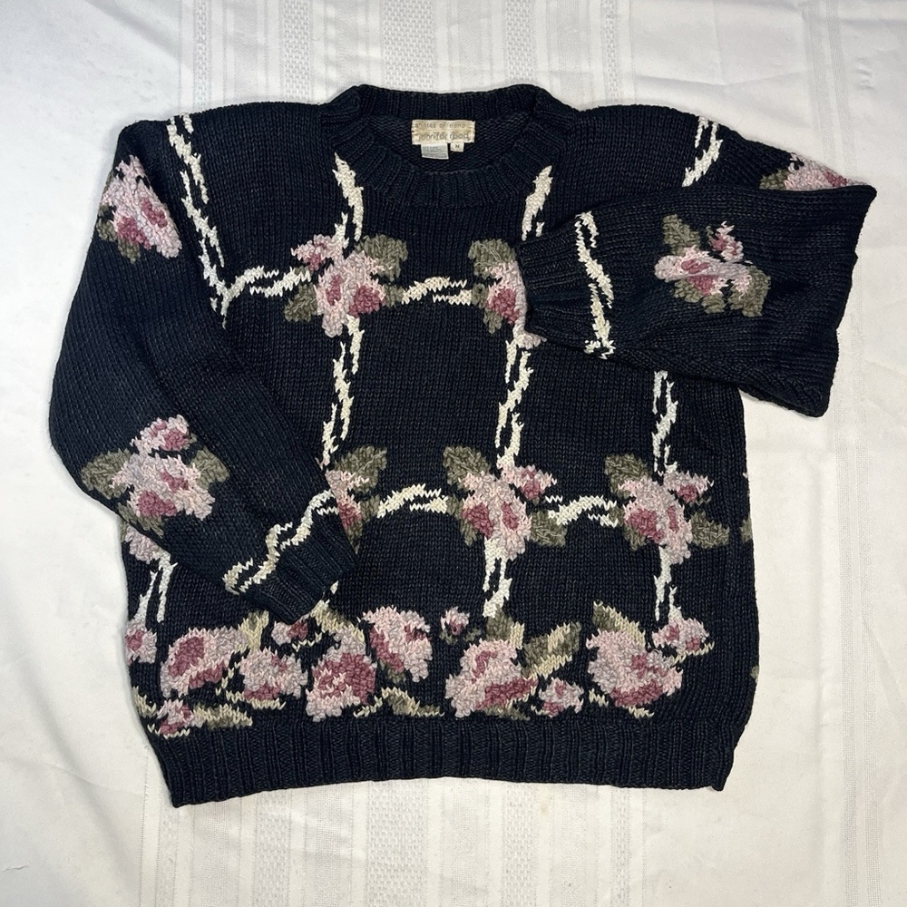 Vintage Jennifer Reed Women’s Hand Knit Floral Sweater Medium Cottagecore